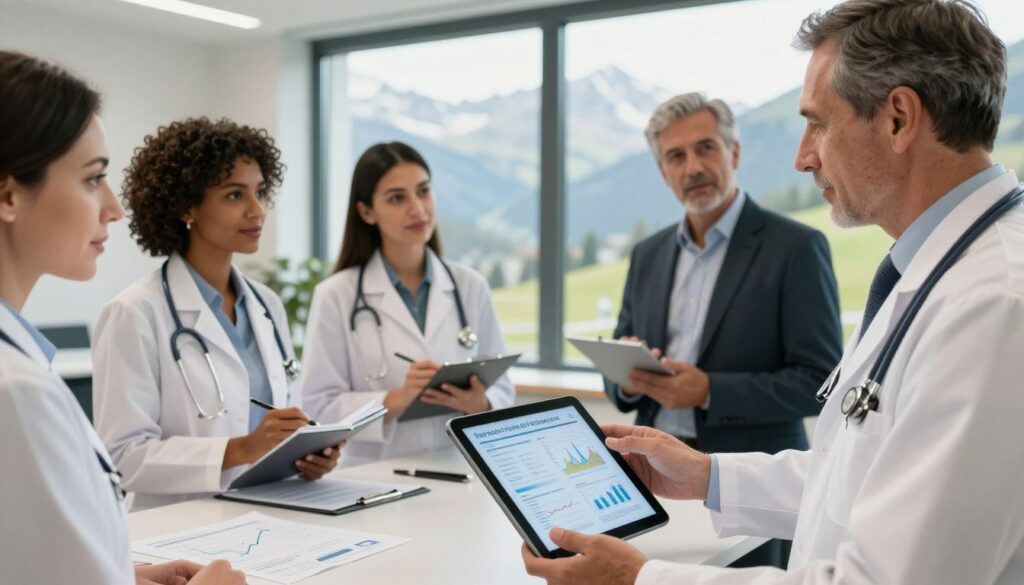 A sophisticated Swiss medical office interior, showcasing a group of diverse healthcare professionals in professional business attire engaged in a discussion about medical specialization and salaries. In the foreground, a confident, middle-aged male physician highlights charts and graphs on a digital tablet, emphasizing the financial aspects of different medical specialties. In the middle ground, two female doctors, one of Swiss descent and one from a Middle-Eastern background, take notes and exchange ideas, reflecting collaboration and expertise. Behind them, a large window shows a picturesque view of the Swiss Alps, bathing the scene in natural light. The atmosphere is one of professionalism and ambition, with warm tones that evoke a sense of purpose and success.