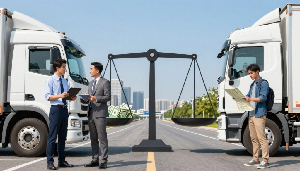 A split image comparing traditional employment and self-employment as a truck driver. In the foreground, on the left, a professional-looking male truck driver in business attire stands beside a delivery truck, holding a clipboard and discussing with a business consultant. On the right, a self-employed truck driver wearing a casual outfit, examining a map and planning a route next to his truck. In the middle, a large scale balances money and benefits from both forms of employment, highlighting key differences like salary and work-life balance. The background features a cityscape on one side and a scenic highway on the other, with bright, natural lighting and a clear blue sky, evoking a sense of opportunity and ambition.