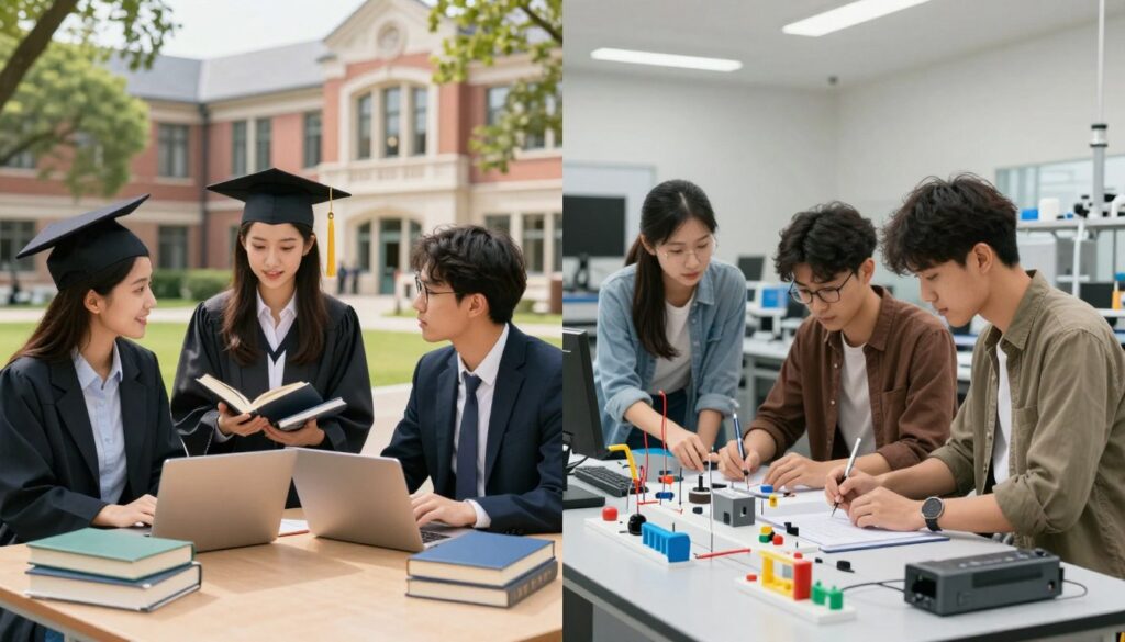A split image illustrating the differences between bachelor's and engineering studies. On the left, a serene university campus scene with students in professional business attire, engaging in casual discussions around books and laptops, symbolizing bachelor studies. On the right, an engineering lab environment with students in modest casual clothing, focused on hands-on projects, interacting with design tools and models. Bright, natural lighting creates a welcoming atmosphere. The foreground features books and tools representative of each field, while the background shows architectural elements of academic buildings. The overall mood is educational and inspiring, highlighting collaboration and the distinct paths of both study types.