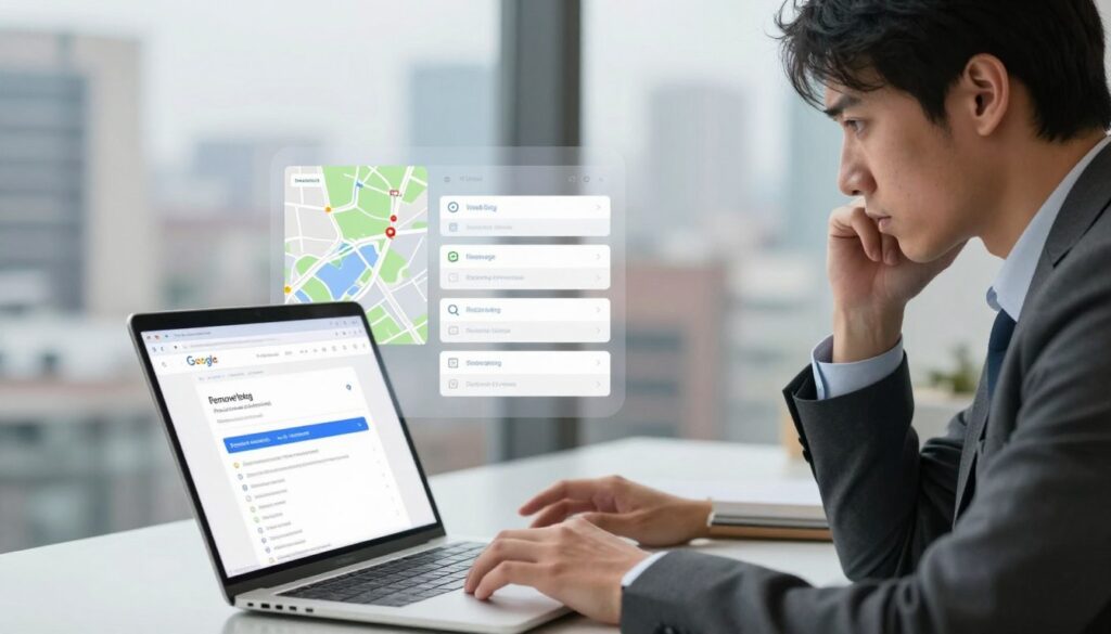 A split scene depicting the complexities of managing a Google business listing. In the foreground, a concerned business owner in professional attire is interacting with a laptop displaying a Google My Business interface, with a focus on the "remove listing" option. In the middle, a symbolic representation of digital visibility, such as a blurred map and various search results, illustrating the potential consequences of removal. The background features a cityscape, suggesting the business's physical location, with soft, diffused lighting creating a contemplative atmosphere. The overall mood is reflective, emphasizing the importance of thoughtful decision-making regarding online presence.