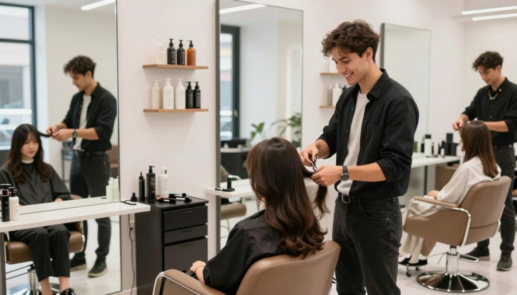 A stylish and modern hair salon interior showcasing a bright, inviting atmosphere. In the foreground, a professional hairstylist, dressed in smart casual attire, is attending to a client with elegant long hair. They are engaged in a friendly conversation while the stylist expertly works with scissors. The middle ground features contemporary styling stations with mirrors, stylish chairs, and hair products neatly arranged on shelves. Soft, natural lighting filters through large windows, enhancing the cleanliness and openness of the space. In the background, a mirror reflects the bustling ambiance, with additional clients and hairstylists engaged in their work. The overall mood is vibrant and professional, conveying the potential for higher earnings in a successful salon business.