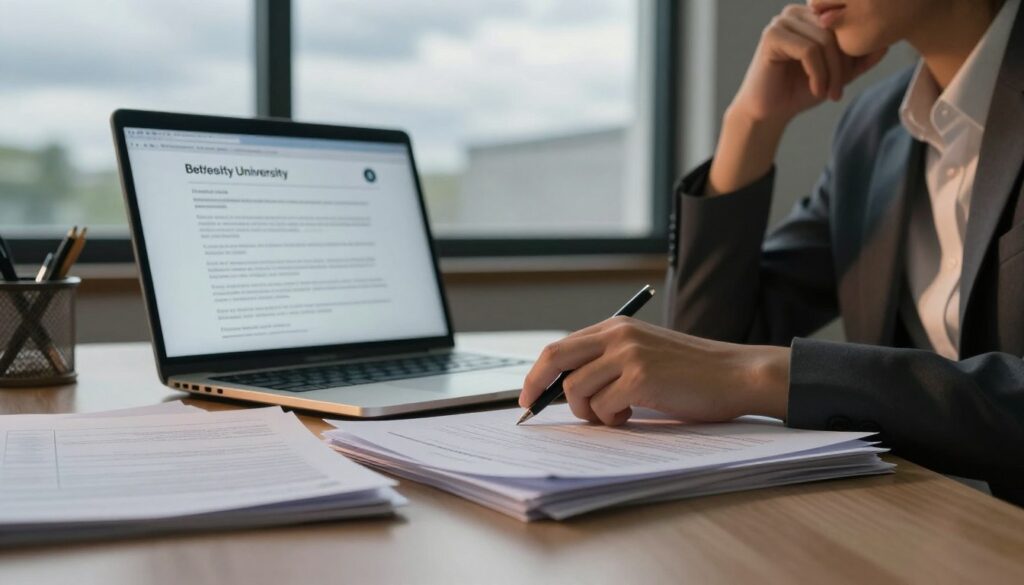 A thoughtful individual in a modern office, seated at a desk cluttered with university admission paperwork and rejection letters. The foreground showcases a close-up of their hands, one holding a pen and the other nervously tapping on a stack of documents, symbolizing resignation from pursuing higher education. In the middle, a laptop displays an email draft about withdrawal from studies, illuminated by soft, warm light that creates a contemplative atmosphere. In the background, a large window reveals a cloudy sky, reflecting a sense of uncertainty and reflection. The overall mood is one of introspection, with hints of professionalism suggested by the person's attire, wearing a smart casual outfit. The lighting enhances the emotional weight of the moment, capturing the essence of making a significant life decision.