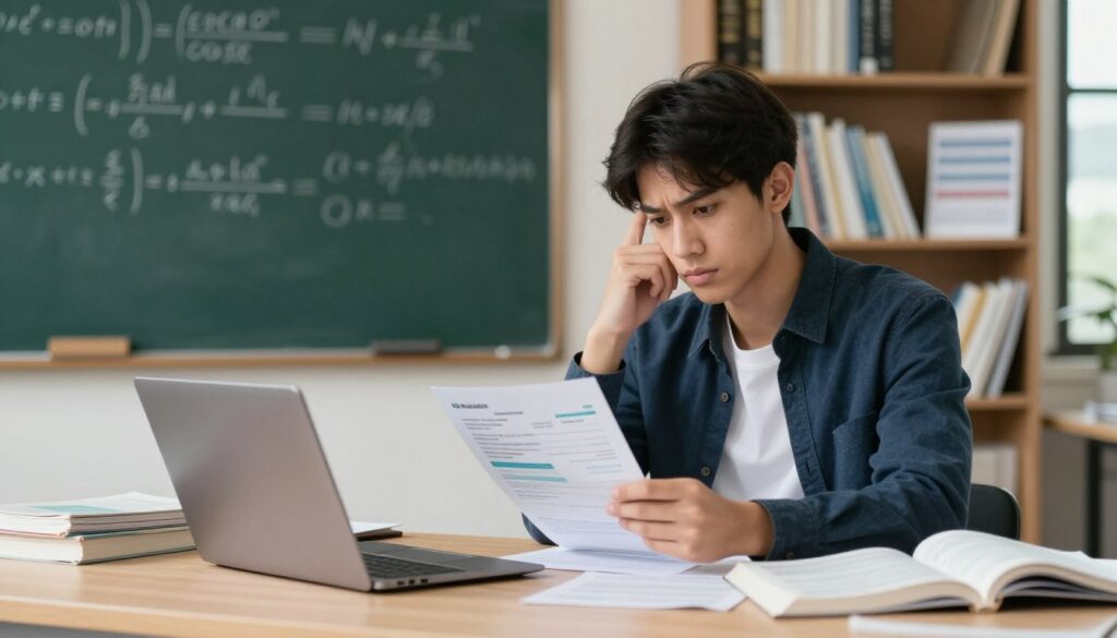 A university setting depicting the financial implications of retaking classes, focusing on a young student looking contemplative at a desk with a laptop and open textbooks scattered around. In the foreground, the student, dressed in professional casual attire, examines invoices or bills related to tuition fees and course materials. The middle ground shows a chalkboard filled with equations and notes about costs, while a bookshelf filled with educational resources and financial guides fills the background. Soft, natural lighting filters in through a nearby window, creating a focused yet pressured atmosphere. The overall mood conveys concern and contemplation over educational expenses, emphasizing the weight of these responsibilities on a student’s journey.