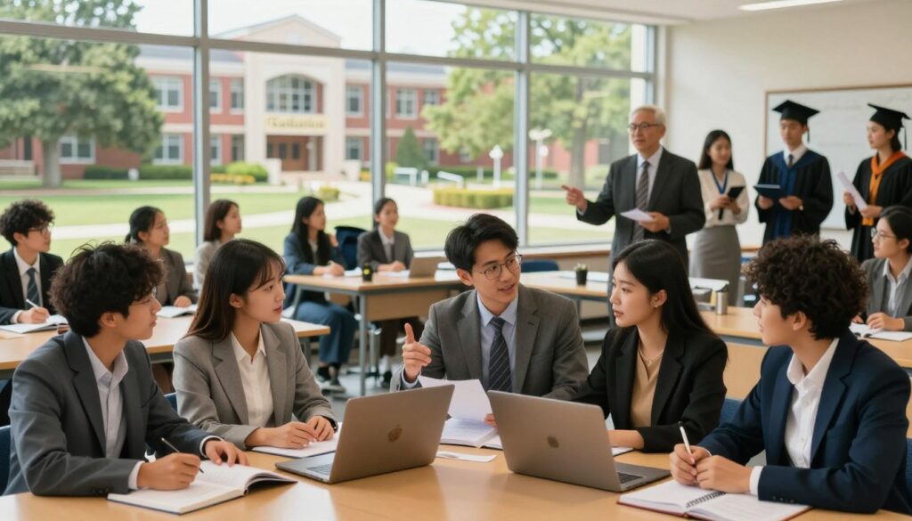 A vibrant academic scene illustrating the step-by-step process of obtaining a bachelor's degree. In the foreground, a diverse group of students of various ethnicities, dressed in professional business attire, discussing a project over books and laptops. In the middle, a classroom setting with a knowledgeable professor passionately lecturing, filled with engaged students taking notes. In the background, a university campus landscape featuring a prominent building with the words "Graduation" on a banner, trees lining the pathway, and students celebrating with diplomas. The atmosphere is bright and inspiring, with natural sunlight filtering through large windows, creating a warm and motivating environment. The image captures determination, collaboration, and the joy of academic achievement.