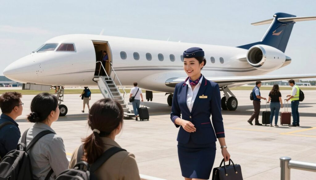 A vibrant airport scene featuring a charter airline setting. In the foreground, a confident flight attendant in professional business attire, smiling and interacting with passengers. The middle ground showcases a modern charter airplane, sleek and polished, with the airline logo prominently displayed. Bright, natural daylight floods the scene, casting soft shadows and highlighting the aircraft’s features. In the background, passengers are boarding with luggage, and ground staff are efficiently managing operations. The atmosphere is dynamic yet welcoming, capturing the essence of the charter airline experience. Use a wide-angle lens to create depth, ensuring a clear view of the busy terminal while maintaining focus on the flight attendant and the aircraft. The mood should convey professionalism and excitement for air travel.
