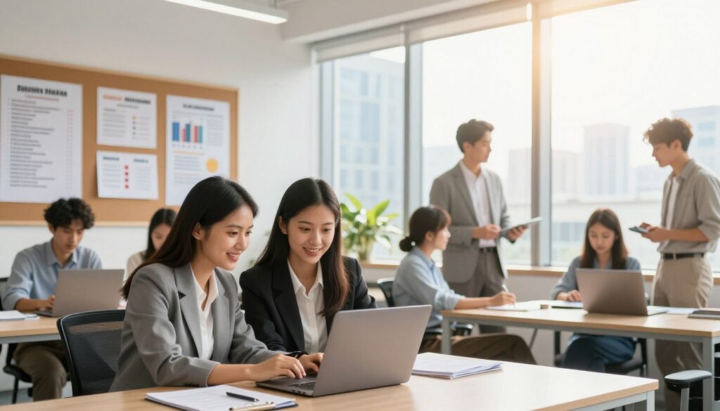 A vibrant and dynamic office environment filled with diverse young professionals engaging in discussions about employment opportunities after internships. In the foreground, a group of three individuals—two women and one man—are dressed in smart business attire, looking at a laptop, while a bulletin board with job postings and career development materials is visible on the wall behind them. In the middle ground, a large window allows bright, natural sunlight to stream in, illuminating the space with a warm glow. In the background, a modern city skyline can be seen, symbolizing a thriving job market. The atmosphere is optimistic and energetic, reflecting hope and ambition for future career paths. Use a wide-angle lens to capture the full scene, with a focus on the interactions and collaborative spirit among the individuals.