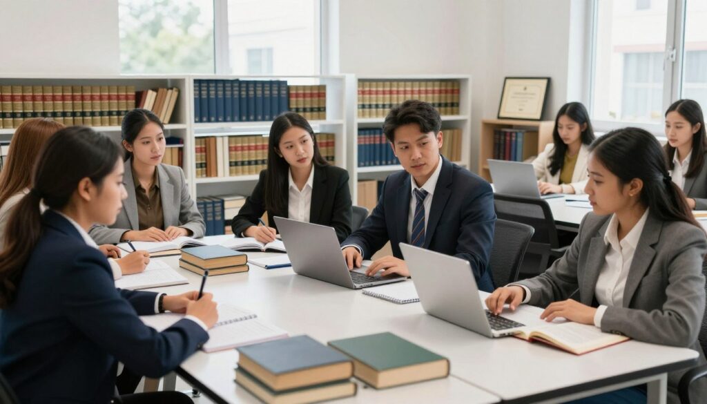 A vibrant classroom scene depicting law students engaged in their studies. In the foreground, a diverse group of students—two men and two women—are seated around a large table filled with law books, notebooks, and laptops, all in professional business attire. The students are deep in discussion, with one pointing at a textbook open on the table. In the middle ground, shelves lined with legal texts, case law books, and diplomas adorn the walls. The background features a large window allowing natural light to flood the room, creating a warm and inviting atmosphere. The overall mood is one of collaboration and focus, showcasing the dedication and intensity of legal studies. The lighting is bright and even, enhancing the sense of an active learning environment.