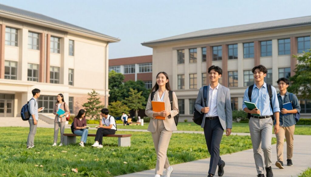 A vibrant university campus scene showing students taking their first steps. In the foreground, a diverse group of young adults in professional business attire and modest casual clothing, smiling with excitement and curiosity as they hold books and backpacks. In the middle ground, a lush green lawn with a few scattered benches, where other students are engaged in conversations. Tall academic buildings with large windows and modern architecture rise in the background, under a clear blue sky with soft, warm sunlight illuminating the scene. Capture a sense of optimism and new beginnings, with the angle slightly elevated to give a broad view of the campus atmosphere. The image should reflect an inviting, energetic vibe, perfect for welcoming newcomers to campus life.