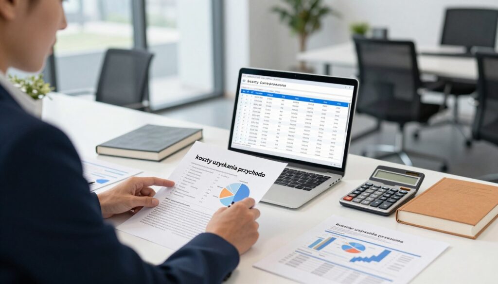 A visually engaging illustration centered around the concept of "koszty uzyskania przychodu" in a professional tax planning context. In the foreground, a confident business professional in smart attire is analyzing financial documents and charts, surrounded by notes reflecting various deductions and tax strategies. The middle ground features a laptop displaying a visually appealing spreadsheet, a calculator, and tax-related books, symbolizing the meticulous planning process. In the background, a modern office environment with sleek furniture and a large window, letting in soft, natural light, creating a focused atmosphere. The overall mood is one of diligence and professionalism, emphasizing clarity in tax planning. Use a wide-angle lens to capture the depth of the workspace.