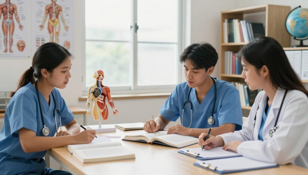 A well-lit study environment featuring a table covered with medical textbooks and anatomy models. In the foreground, a diverse group of three students, dressed in professional attire, engaged in a discussion while studying together. One student points at an open textbook, while another jots down notes, showcasing collaboration and focus. In the middle ground, a large window allows natural light to flood in, illuminating anatomical charts pinned on the walls. The background includes bookshelves filled with medical literature and a globe, symbolizing global health. The overall mood is one of ambition and teamwork, capturing the essence of pursuing medical studies as a foundation for a career in healthcare.