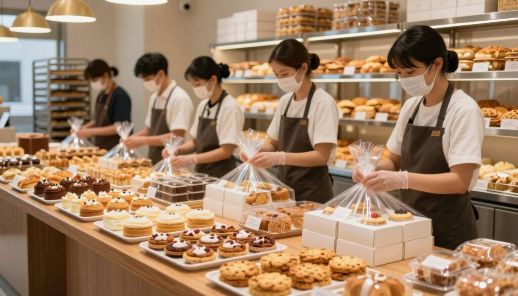 A well-organized bakery logistics scene featuring fresh baked goods ready for transport and storage. In the foreground, display an assortment of beautifully arranged pastries—cakes, cookies, and bread—on a polished wooden table. The middle layer includes staff in professional business attire, carefully packaging these treats with clear plastic wrap and labeling boxes. In the background, a spacious bakery with stainless steel shelves housing neatly stacked baked goods, illuminated by warm, inviting overhead lighting that creates a cozy atmosphere. Use a soft focus on the background to emphasize the foreground details while maintaining an overall bright, cheerful ambiance, suggesting a sense of preparation and care in the logistics of ordering and storing baked items.