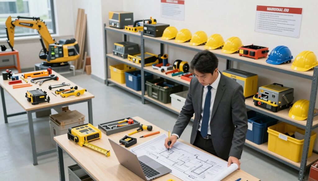 A well-organized construction company's technical support area, featuring neatly arranged construction equipment and tools. In the foreground, a professional businessperson in business attire inspects blueprints on a work table, with a laptop and measuring tools visible. The middle layer includes shelves stocked with various tools, safety gear, and equipment, showcasing a systematic layout. In the background, a clean, well-lit workspace with clear signage for safety protocols. The lighting is bright and inviting, highlighting the organized chaos typical of a construction site, creating a sense of professionalism and readiness. The atmosphere conveys a balance between efficiency and order, essential for a construction business's technical organization. The angle is slightly elevated, giving a comprehensive view of the entire workspace. A well-organized construction company's technical support area, featuring neatly arranged construction equipment and tools. In the foreground, a professional businessperson in business attire inspects blueprints on a work table, with a laptop and measuring tools visible. The middle layer includes shelves stocked with various tools, safety gear, and equipment, showcasing a systematic layout. In the background, a clean, well-lit workspace with clear signage for safety protocols. The lighting is bright and inviting, highlighting the organized chaos typical of a construction site, creating a sense of professionalism and readiness. The atmosphere conveys a balance between efficiency and order, essential for a construction business's technical organization. The angle is slightly elevated, giving a comprehensive view of the entire workspace.