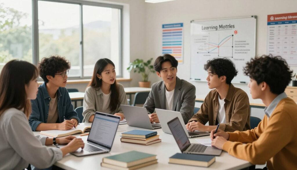 A well-organized educational scene portraying the impact of learning modes on study durations. In the foreground, a diverse group of students, dressed in professional and casual attire, are engaged in animated discussions around a table cluttered with books, laptops, and digital devices. The middle ground features a modern classroom with large windows allowing natural light to fill the space, with a whiteboard displaying diagrams related to study timelines. In the background, posters highlighting different learning methodologies and timelines are visible on the walls. The lighting is warm and inviting, creating an atmosphere of collaboration and focused learning. The image captures a sense of exploration and academic determination, with soft focus blending in the background to emphasize the engaged students in the foreground.