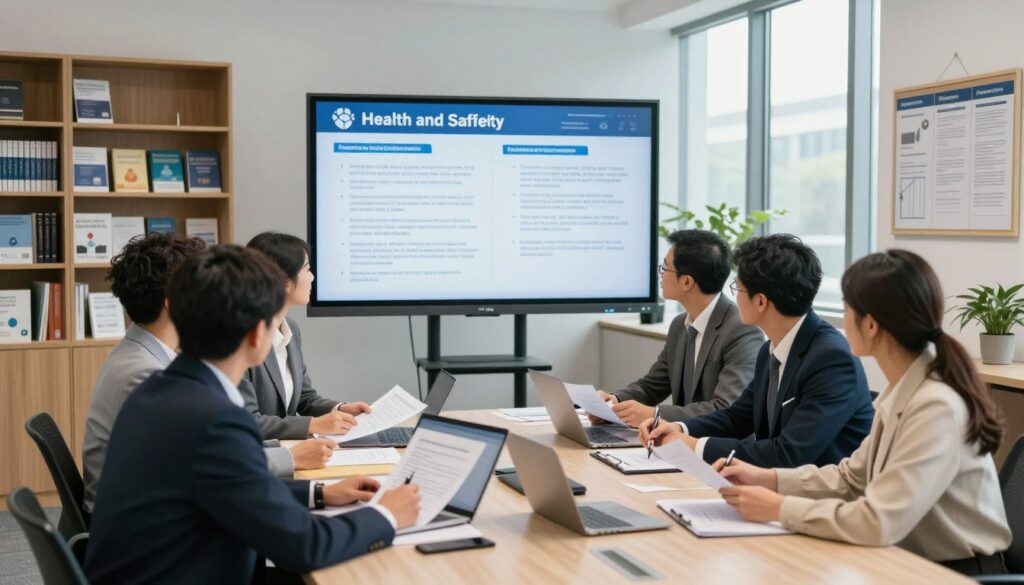 A well-organized office space depicting the responsibilities towards health and safety institutions. In the foreground, a diverse group of professionals in business attire are collaborating around a large table, reviewing documents and discussing compliance procedures. In the middle, a large digital display shows various health and safety regulations, clearly outlined in a visually engaging format. The background features shelves filled with health and safety publications and a bulletin board displaying important notices. Soft, natural lighting pours in from large windows, creating an inviting atmosphere. The scene conveys a sense of professionalism, teamwork, and diligence, showcasing the importance of adhering to sanitary institution responsibilities. Use a wide-angle lens for a comprehensive view of the workspace.