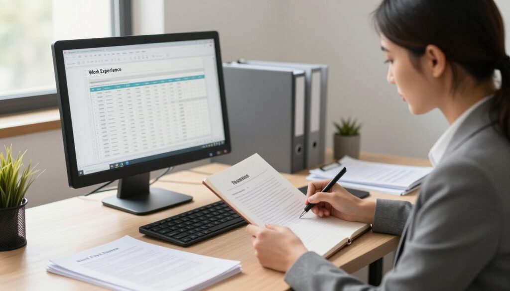 A well-organized workspace featuring a professional individual reviewing documents at a desk, with an emphasis on the concept of work experience documentation. In the foreground, a focused woman, dressed in smart business attire, is taking notes on a notepad, surrounded by various papers, including references and certificates. In the middle ground, a computer screen displays a spreadsheet with work history details, while an open folder with additional documents lies nearby. The background showcases a clean office setting with soft, natural lighting filtering through a window, casting a warm glow that creates a productive atmosphere. The mood is one of diligence and professionalism, highlighting practical solutions for documenting work experience without traditional certificates.