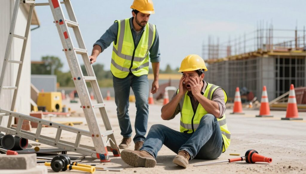 A workplace accident scene depicting a worker in a hard hat and reflective safety vest sitting on the ground, looking shocked and distressed after a fall from a ladder. In the foreground, the worker is surrounded by scattered tools and a knocked-over ladder. In the middle ground, a concerned colleague is approaching, ready to assist, showcasing a sense of urgency and camaraderie. The background features a construction site with safety cones and a clear blue sky, emphasizing the professional setting. Soft natural lighting casts gentle shadows, creating an atmosphere of concern and care. The scene captures the moment just after the accident, highlighting the importance of workplace safety and immediate response.