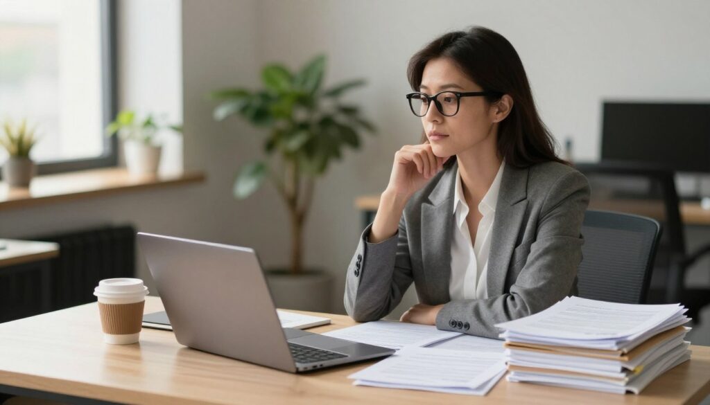 An adult professional woman seated at a modern desk, looking thoughtfully at a laptop, with a stack of documents to her side. She wears a smart blazer and glasses, embodying a focused demeanor. In the foreground, a cup of coffee and a closed laptop bring a personal touch. The middle layer features the desk filled with organized paperwork suggesting registration processes, while the background reveals a soft-focus office environment, with plants and a cozy ambiance. Natural light streams through a window, casting a warm glow and creating a welcoming atmosphere. The overall mood is professional yet relaxed, illustrating the theme of preparing for a visit to a job registration office.