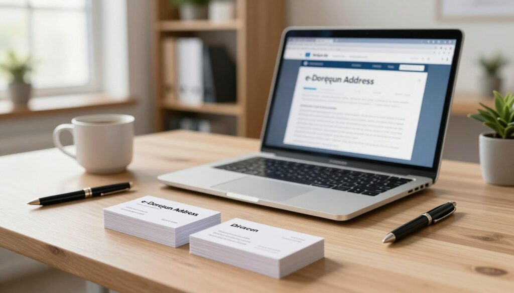 An office environment featuring a modern desk with a sleek laptop open, displaying a digital document titled "e-Doręczeń Address". In the foreground, a neatly arranged stack of business cards with an address written prominently. On the desk, a stylish pen and a coffee mug add a warm touch. In the middle ground, a blurred background shows shelves filled with professional books and a potted plant, giving a sense of organization and readiness for business. Soft, natural lighting filters in from a large window, casting a gentle glow over the scene. The overall mood is professional, focused, and inviting, ideal for conveying the importance of having a digital address for business communication.
