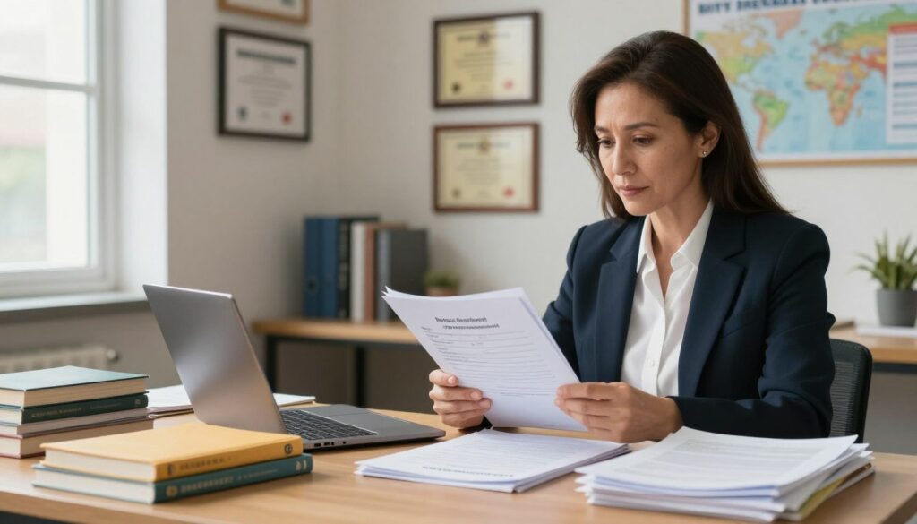 An office setting with a wooden desk cluttered with educational materials like books, a laptop, and a stack of formal qualification documents. In the foreground, a middle-aged female school director, dressed in professional attire, is reviewing a folder containing the formal requirements for her position. She appears focused and thoughtful, the soft light from a nearby window illuminating her face. In the background, there are diplomas framed on the walls and educational posters, suggesting a vibrant school environment. The atmosphere is professional yet warm, reflecting the seriousness of the qualifications needed while maintaining an encouraging educational vibe. The angle is slightly angled to capture both the director and her workspace.