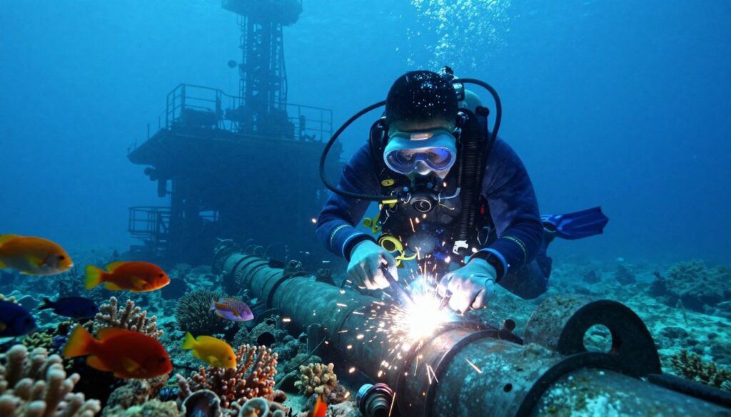 An underwater welder in a sleek, high-tech diving suit, surrounded by vibrant marine life. In the foreground, the welder is focusing intently on welding a large metal structure with bright sparks illuminating the water around them. The middle ground features a variety of colorful fish and coral formations, adding dynamism to the scene. The background shows a distant underwater construction site with outlines of industrial machinery and structures. Soft blue hues dominate the lighting, creating a serene yet industrious atmosphere. The scene captures the challenging and specialized work of underwater welding, emphasizing the importance of skill and investment in industrial growth. The angle is slightly tilted upwards to highlight both the welder and the impressive underwater landscape. An underwater welder in a sleek, high-tech diving suit, surrounded by vibrant marine life. In the foreground, the welder is focusing intently on welding a large metal structure with bright sparks illuminating the water around them. The middle ground features a variety of colorful fish and coral formations, adding dynamism to the scene. The background shows a distant underwater construction site with outlines of industrial machinery and structures. Soft blue hues dominate the lighting, creating a serene yet industrious atmosphere. The scene captures the challenging and specialized work of underwater welding, emphasizing the importance of skill and investment in industrial growth. The angle is slightly tilted upwards to highlight both the welder and the impressive underwater landscape.