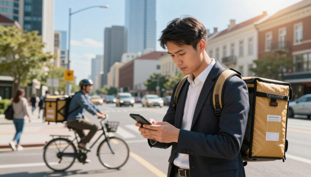 An urban courier in a vibrant city scene, focused on delivering packages. In the foreground, the courier, dressed in professional business attire, is examining earnings calculations on a smartphone. The middle ground features a bustling street with cyclists and pedestrians, showcasing the dynamic nature of the courier industry. In the background, a city skyline with a mix of modern and traditional buildings under clear blue skies, emphasizing a thriving environment. Warm sunlight bathes the scene, casting soft shadows and creating a sense of productivity. The atmosphere is energetic and focused, reflecting the key factors influencing earnings in the courier profession.