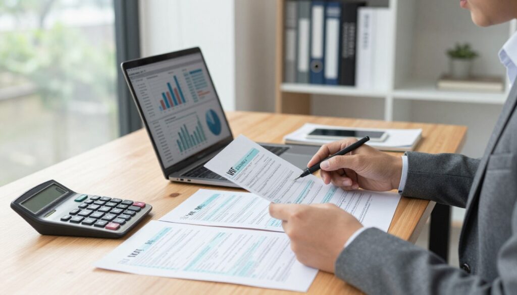 In a modern office setting, a detailed desk is filled with essential tax-related documents, prominently featuring VAT forms and a calculator. In the foreground, a focused business professional, dressed in smart casual attire, intently reviews the paperwork. The middle ground showcases a laptop displaying financial charts and graphs, symbolizing tax calculations and VAT obligations. The background reveals a well-organized bookshelf stocked with business books and resources on taxation. Soft, natural light filters through a large window, creating a calm and productive atmosphere. The overall mood conveys a sense of diligence and responsibility, reflecting the importance of understanding VAT responsibilities in entrepreneurship. In a modern office setting, a detailed desk is filled with essential tax-related documents, prominently featuring VAT forms and a calculator. In the foreground, a focused business professional, dressed in smart casual attire, intently reviews the paperwork. The middle ground showcases a laptop displaying financial charts and graphs, symbolizing tax calculations and VAT obligations. The background reveals a well-organized bookshelf stocked with business books and resources on taxation. Soft, natural light filters through a large window, creating a calm and productive atmosphere. The overall mood conveys a sense of diligence and responsibility, reflecting the importance of understanding VAT responsibilities in entrepreneurship.